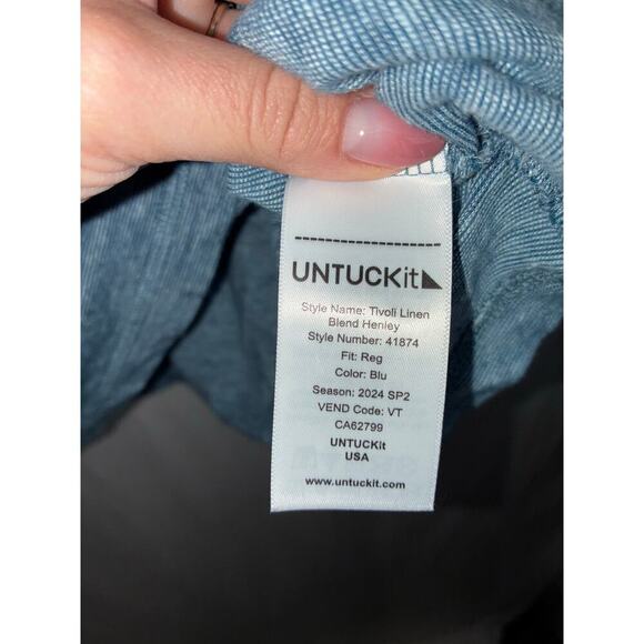 Untuckit Linen Henley Short Sleeve Shirt Mens M Blue stretch lightweight golf - Picture 3 of 6
